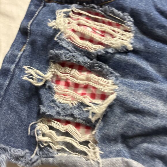 PROJECT REBEL DENIM Raw Hem Checkered Medium Wash High Rise Cut Off Shorts BL - Picture 8 of 15